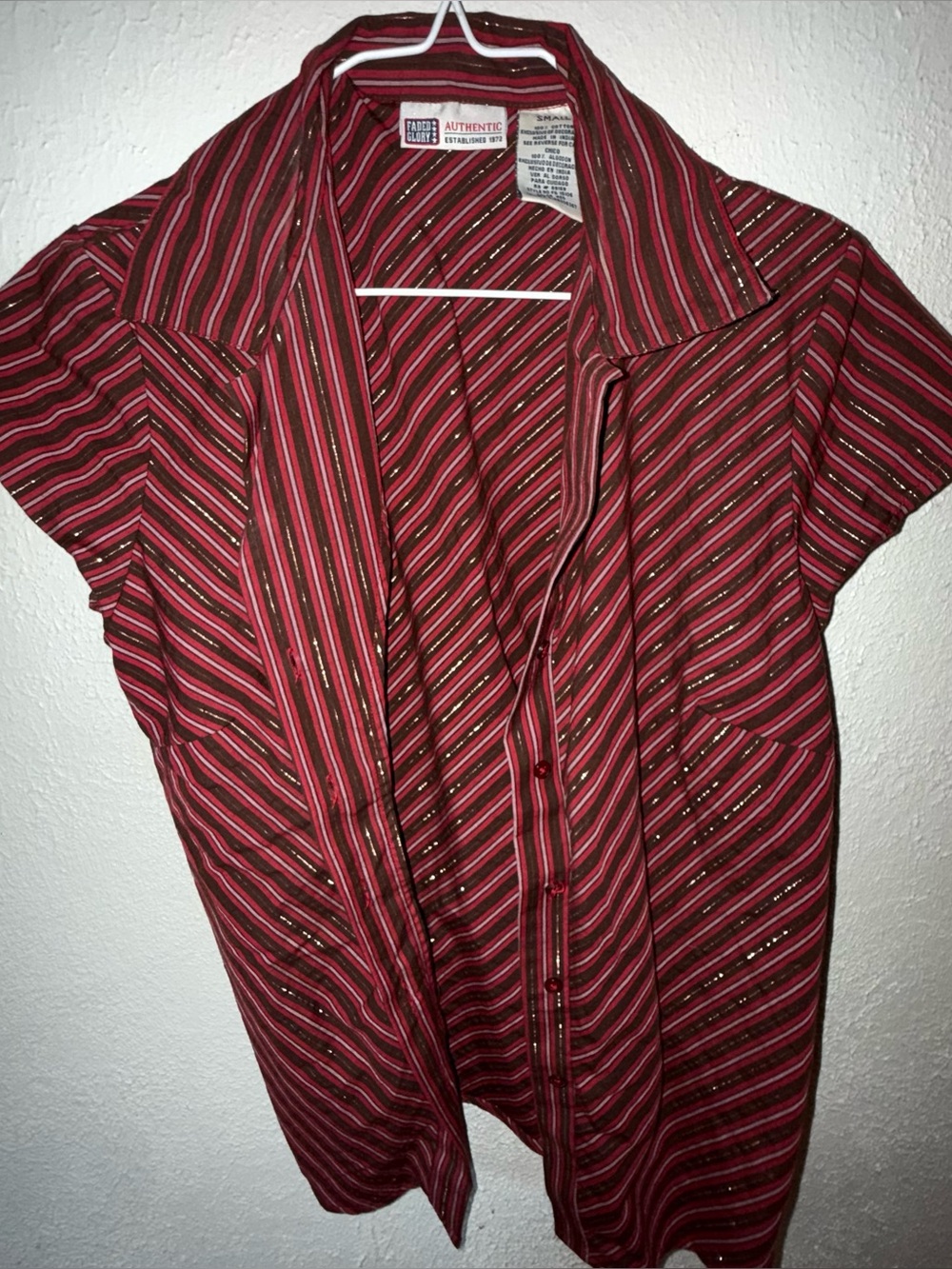 Red Striped Short-Sleeve Button Front Top